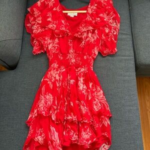 Red Puff Sleeve V-Neck Mini Dress